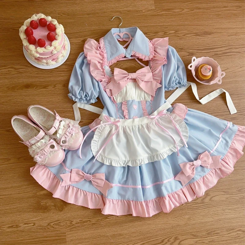 Conjunto de vestido de sirvienta de Anime Lolita para mujer, delantal dulce con lazo y manga abombada, disfraces de Halloween, vestidos de fiesta, vestido gótico bonito para niñas