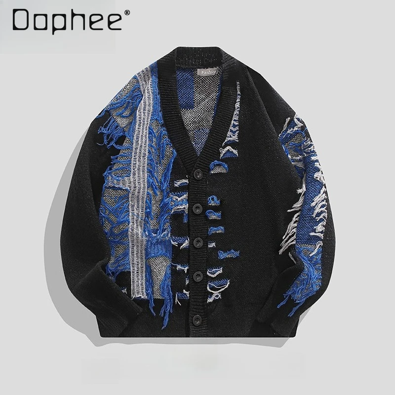 New American High Street Black Color Block Cardigan Sweater for Men Cool and Handsome Coffee Color Tassel Design Knitted Sweater