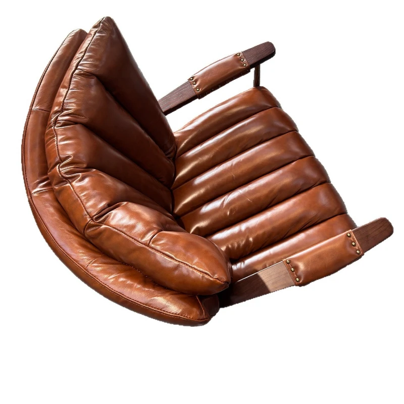 American retro cigar chair first layer cowhide solid wood single sofa chair light luxury living room leisure chair tea room