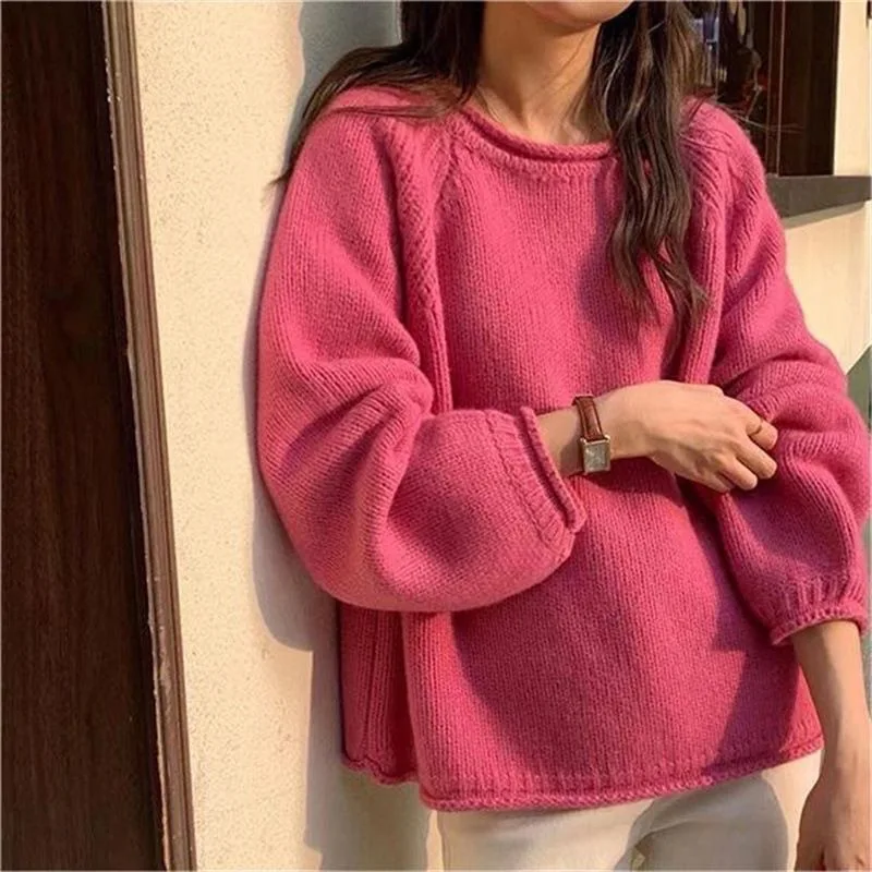 Korean rolled edge solid color pullover sweater for women gentle and loose knit top versatile and lazy soft and sticky sweater