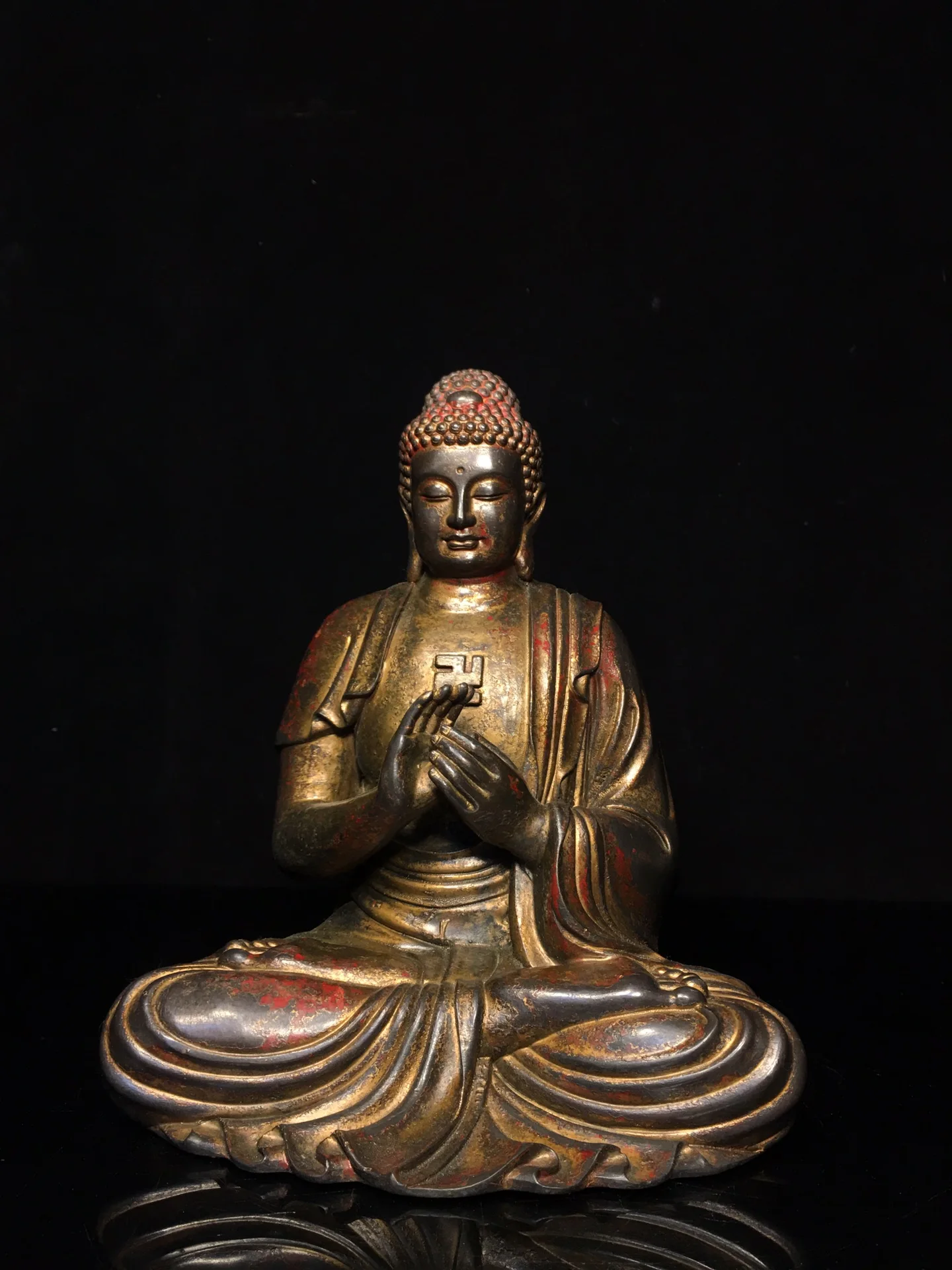 

9"Tibetan Temple Collection Old Bronze Cinnabar Mud gold Dipamkara Shakyamuni Amitabha Sitting Buddha Worship Hall Town house