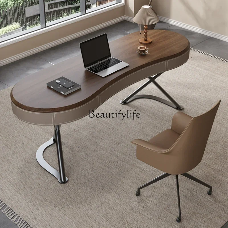 

56 Solid wood desk light luxury modern simple saddle leather office computer desk