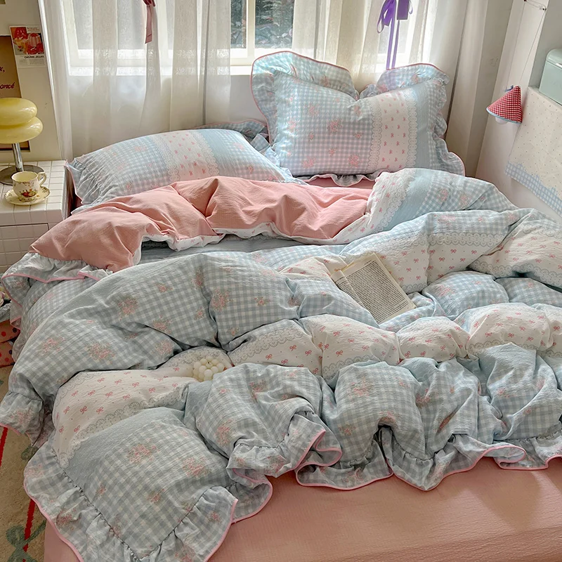 Ruffles Bedding Set Floral Style Duvet Cover Pillowcase with Bedsheet Skin-friendly Bed Linen Set Girls Room Bedclothes 이불세트 image 3