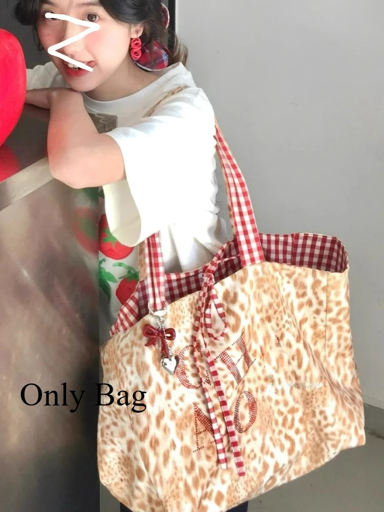 

2025 New Spring Summer Leopard Print Checkered Splicing Double-sided Back Tote Bags Large Capacity Commuting Shoulder Bag