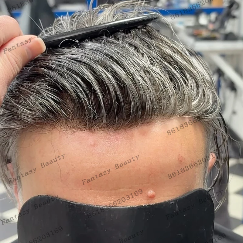 

Super Durable Full Transparent PU Base Men Human Hair Toupee Undetectable Natural Hairline Grey 1B40 1B50 Old Man Hair System