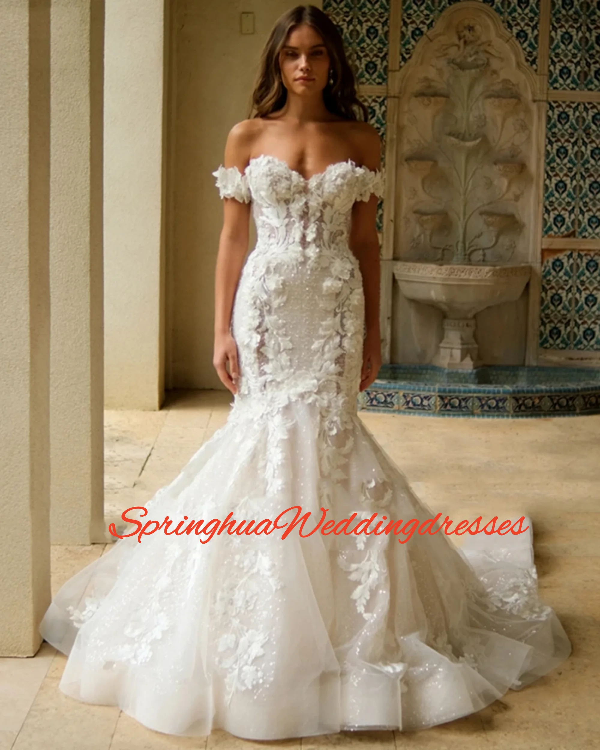 

Customized Charming Sweetheart Off The Shoulder Sequin WeddingDress Mermaid Floor Court Train Tulle Appliques Bridal Gown
