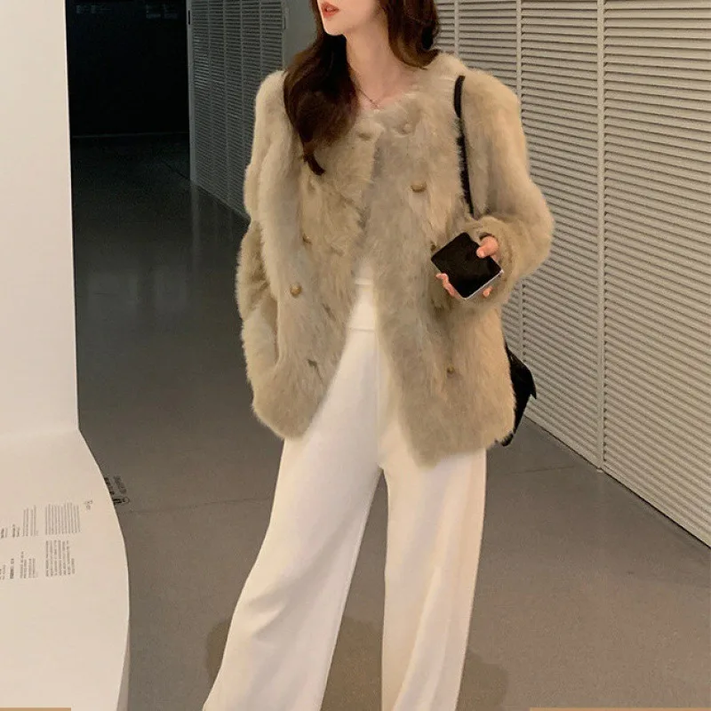 2023 The New Temperament Fur Coat Women Double-breasted Round Neck with Fox Fur in Winter Is Thickened and Versatile jacket