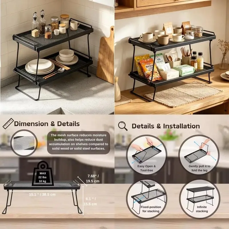 for Steel mesh stackable folding double-layer multifunctional kitchen storage rack, suitable for kitchen counters, closets,