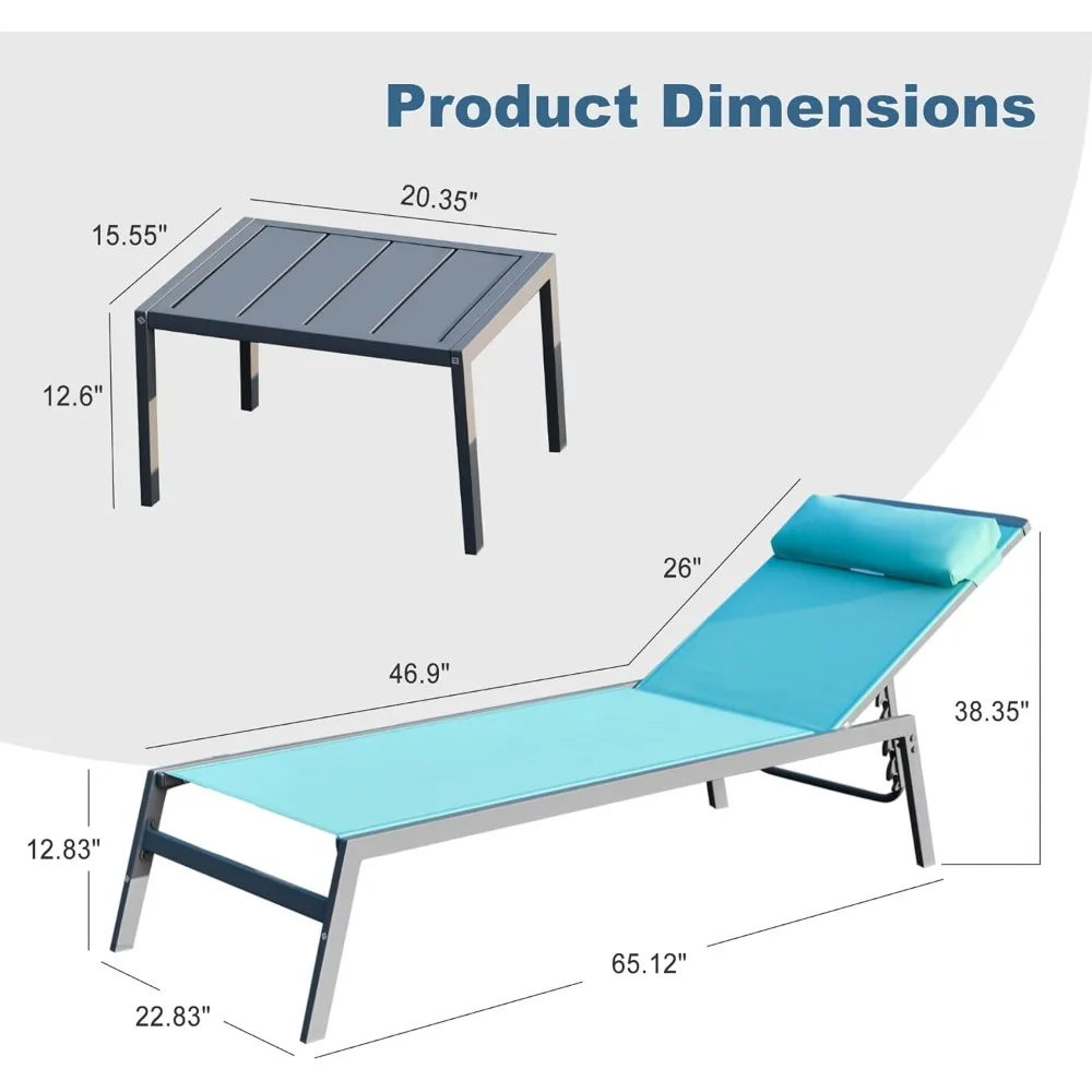 Domi Patio Chaise Lounge Set, Aluminum Pool Lounge Chairs with 5 Adjustable Position, Breathable Textilene Fabric, Sunbathing