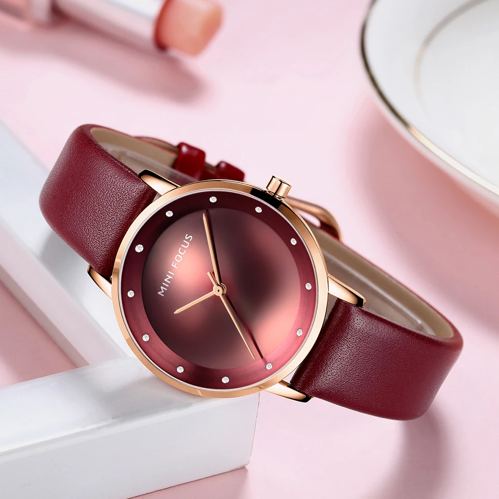 MINI FOCUS Elegant Red Minimalist Women Quartz Wristwatches Fashion Diamond Dial Casual Leather Belt Luxury Brand Ladies Watches