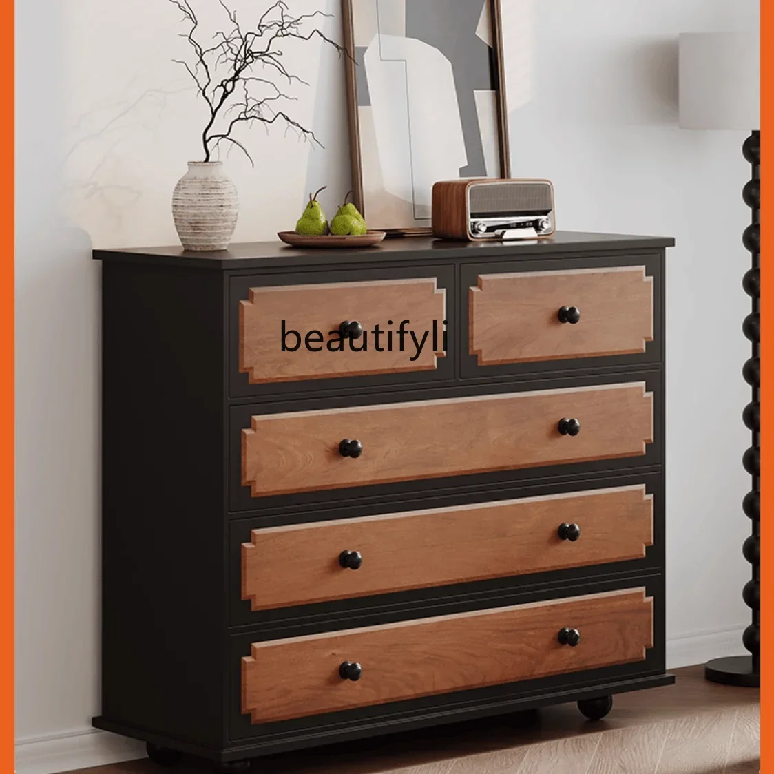 Retro chest of drawers, living room against the wall, solid wood dining side cabinet, storage cabinet