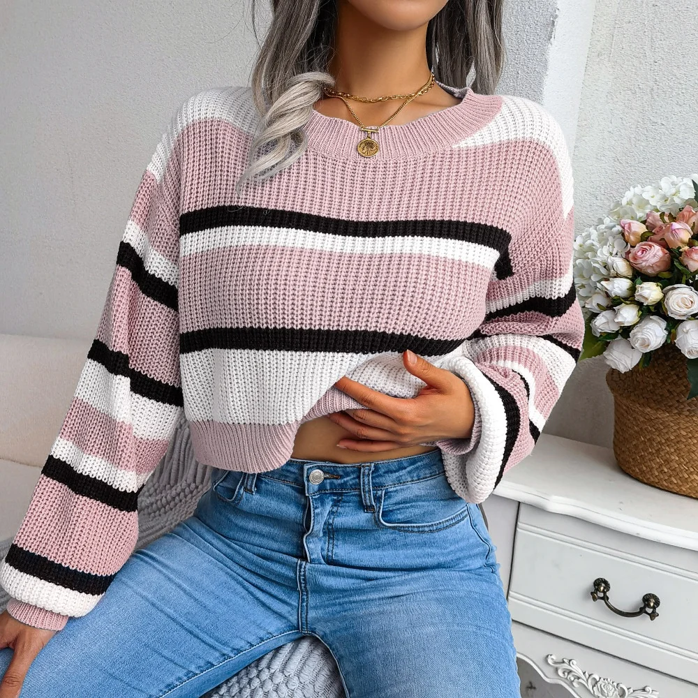 Maglione lungo a righe casual Maglione lavorato a maglia con ombelico aperto Tessuto misto lana Maglia sottile regolare Stagione autunnale Faion da donna