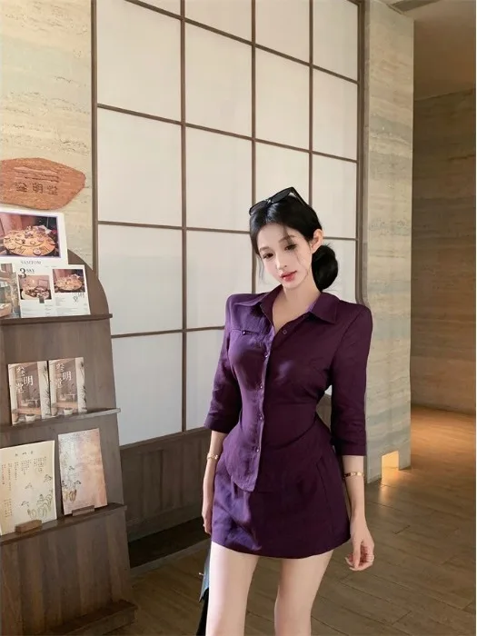 

Minimalist Preppy Style Long Sleeve Neck Shirt And Skirt Two Piece Set for Women Slim Fit Early Autumn Purple Color