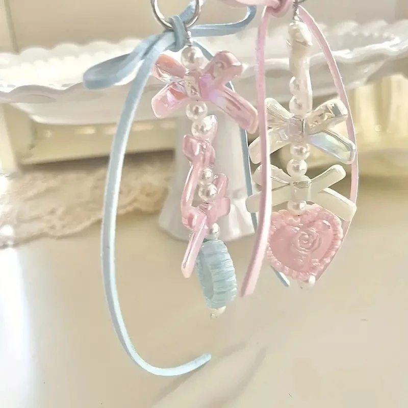 Zoete hartvorm hanger sleutelhanger boog lint kralen sleutelhanger voor vrouwen telefoon lanyard rugzak decoratie accessoires geschenken