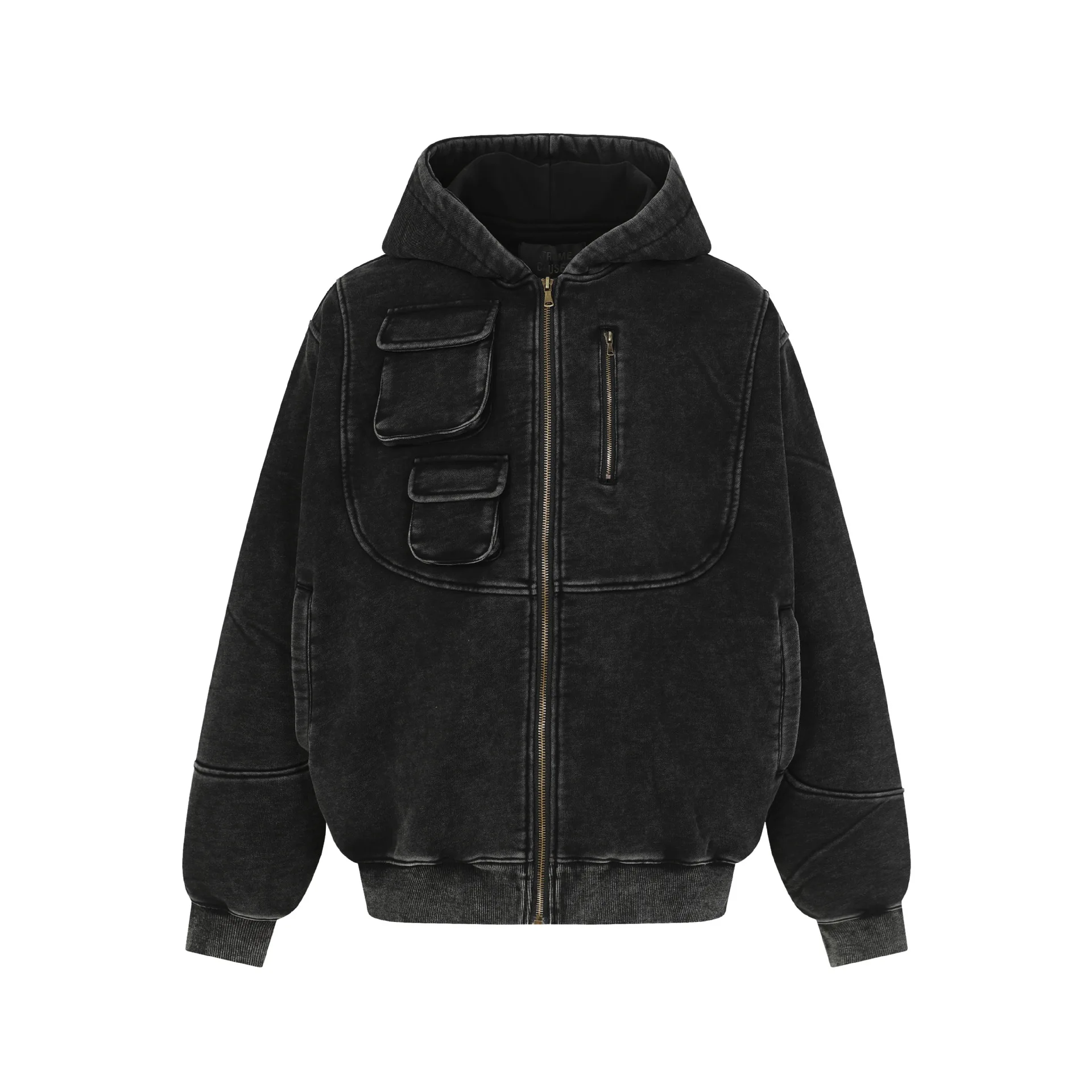 Men's High Street Washed Vintage Hoodies Streetwear Retro Techwear Cargo Cardigan Sweatshirt Hooded Loose Fit Outerwear