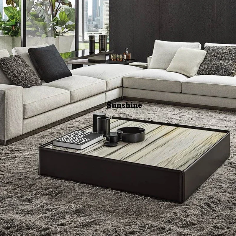 italian minimalist design leather coffee table square sofa side tables for living room modern  T*