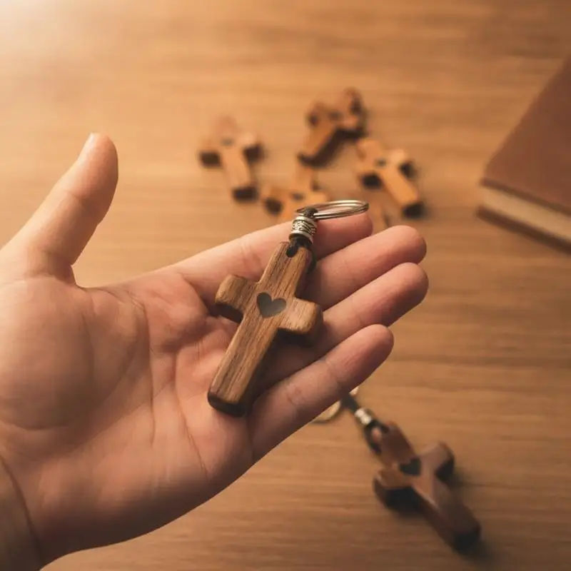 Natural Walnut Wood Cross Keychains Hollow Heart Cutout Vintage Metal Beads Couple Valentines Gifts Daily Carry
