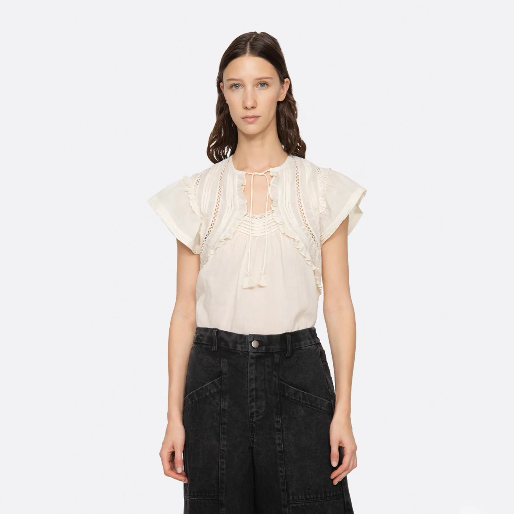

New York Sle Embroidered Ruffle Hem irt Pure Cotton ort Sve round Ne Fly Sve Women's Busin Casual irt