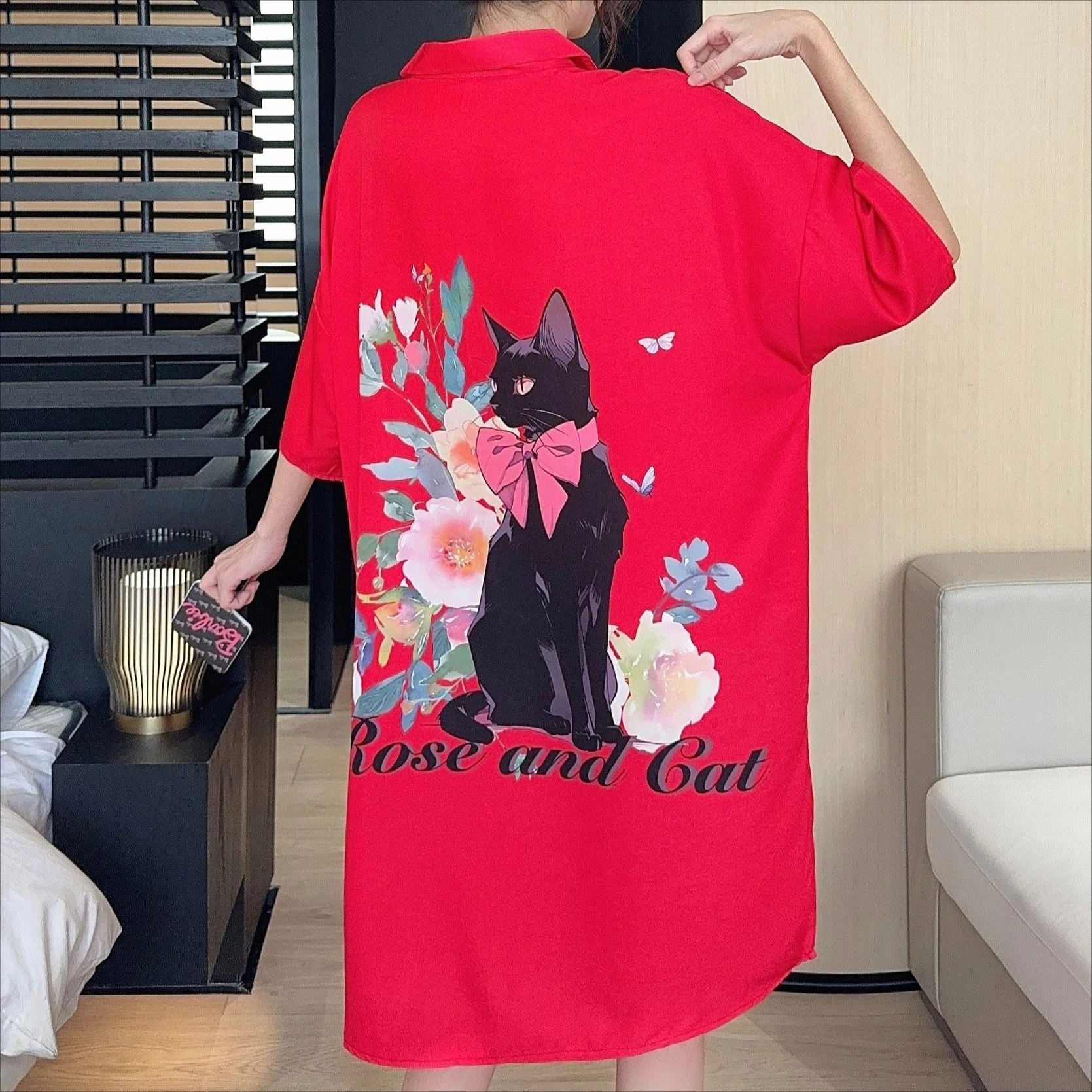 Summer plus size 4XL Stain Nightdress Women Short Sleeve cartoon Nightgowns & Sleepshirts female Sleepwear Shirt Buttons Outwear