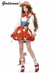 2024 New Spring Summer Cute Red Mushroom Denim Brace Bud Skirt Lolita Girl Women's Long Sleeve Shirt 2 Piece Skirt Set