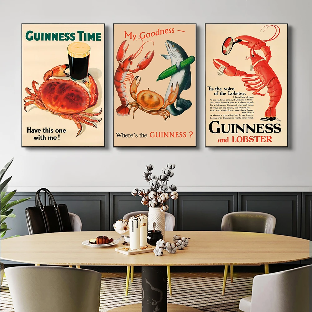 Pósteres estilo vintage Guinness, decoración de pub con langosta y cangrejo, arte de pared para cafetería, regalo con temática de alcohol para él, impresiones para bar irlandés y cocina