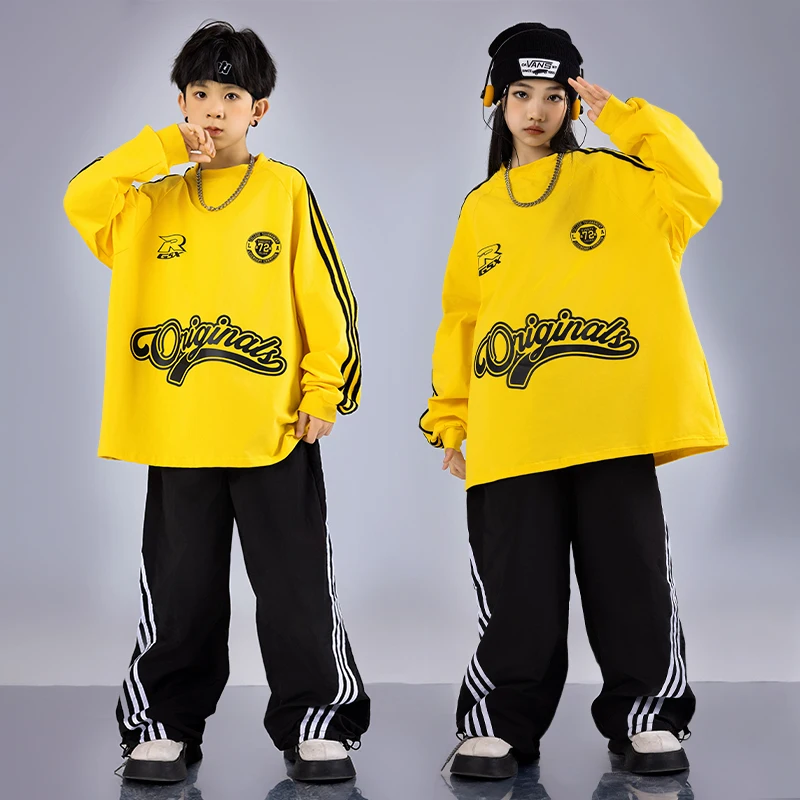 Boys Streetwear Street Dance Yellow Oversize Sweatshirt Girls Hip Hop Cool Clothes Sets Kids Jazz Denim Pants Outfits Costumes