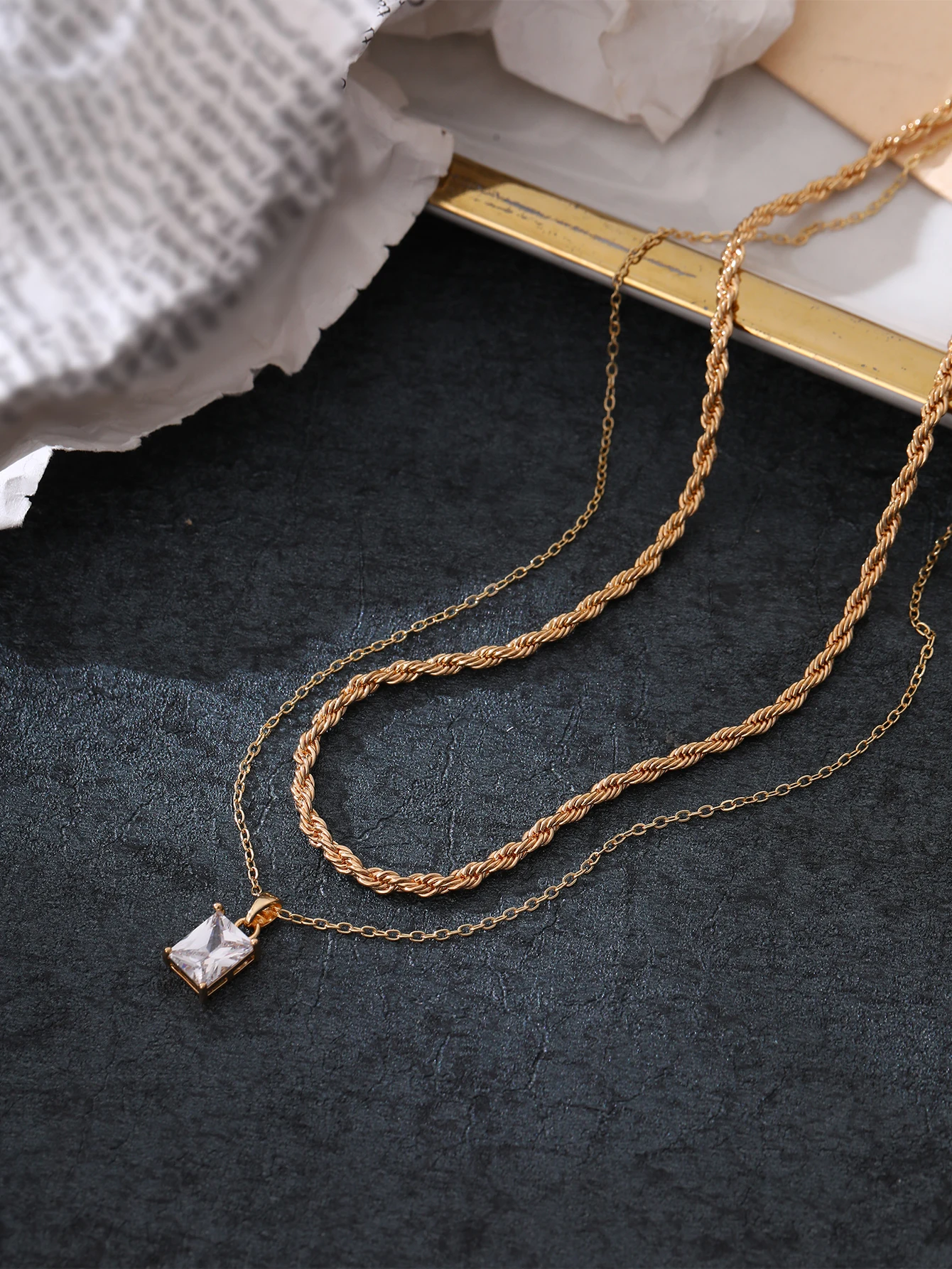 

Elegant Double-Layer Braided Cross Chain Necklace with Square Zircon Pendant for Concert Party Vacation Fashion Versatile Gift