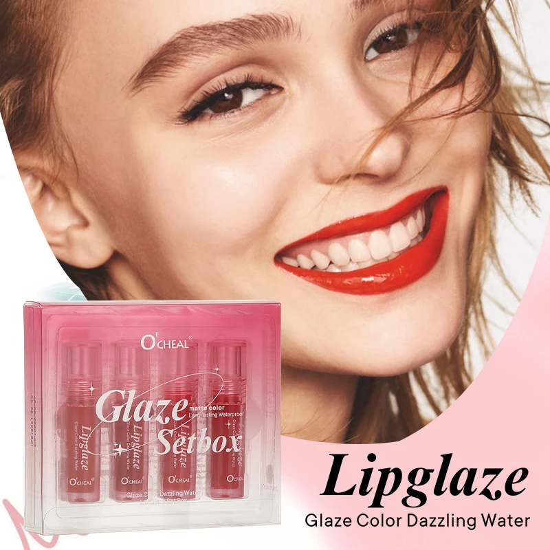 4 lip glaze sets, lip gloss lasting moisturizing, light and breathable, shiny, make lips fuller, vegan and free from abuse