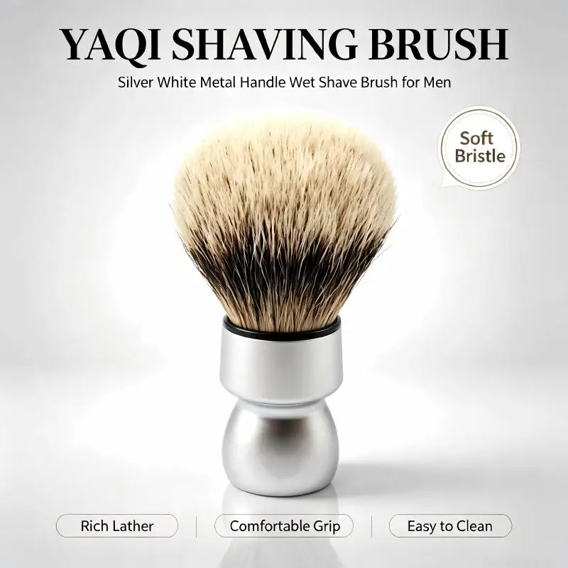 YAQI Premium Smooth Polished Silver Metal Handle Soft Bristles Wet Shaving Foam Brush Minimalist Luxury Grooming Gift for Men