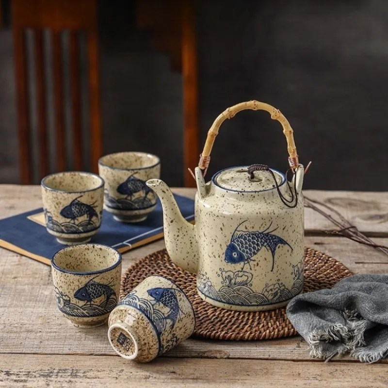 Japan Retro Ceramic Teapot Creative Fish Fun Porcelain Teapot with Handle Bamboo Wood Handles Large Capacity Drinking Utensils
