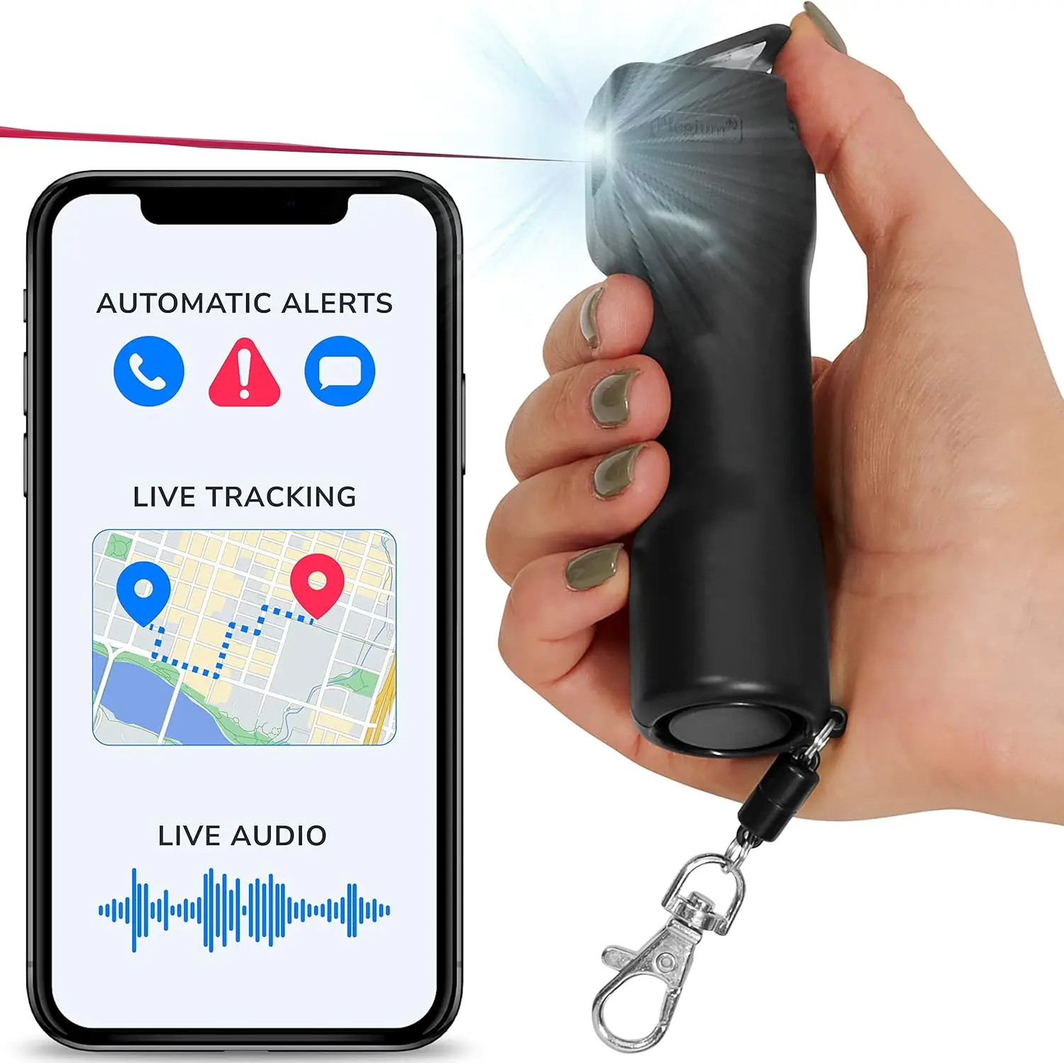 Smart Pepper Spray 5 في 1 - سلسلة مفاتيح للدفاع عن النفس للنساء والرجال مع موقع GPS مجاني، نصوص الطوارئ، التتبع المباشر، B