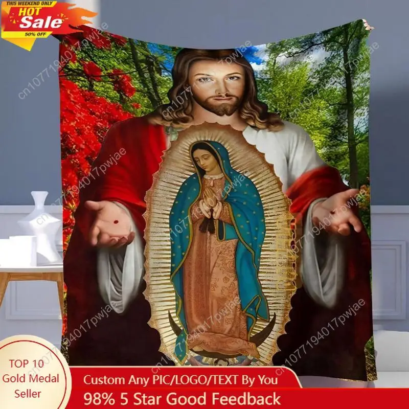 Jesus Virgin Mary Pattern Throw Blanket,Catholic Bible Themed Soft Blanket, NappingThrow Blanket for Home Living Room BedroomS