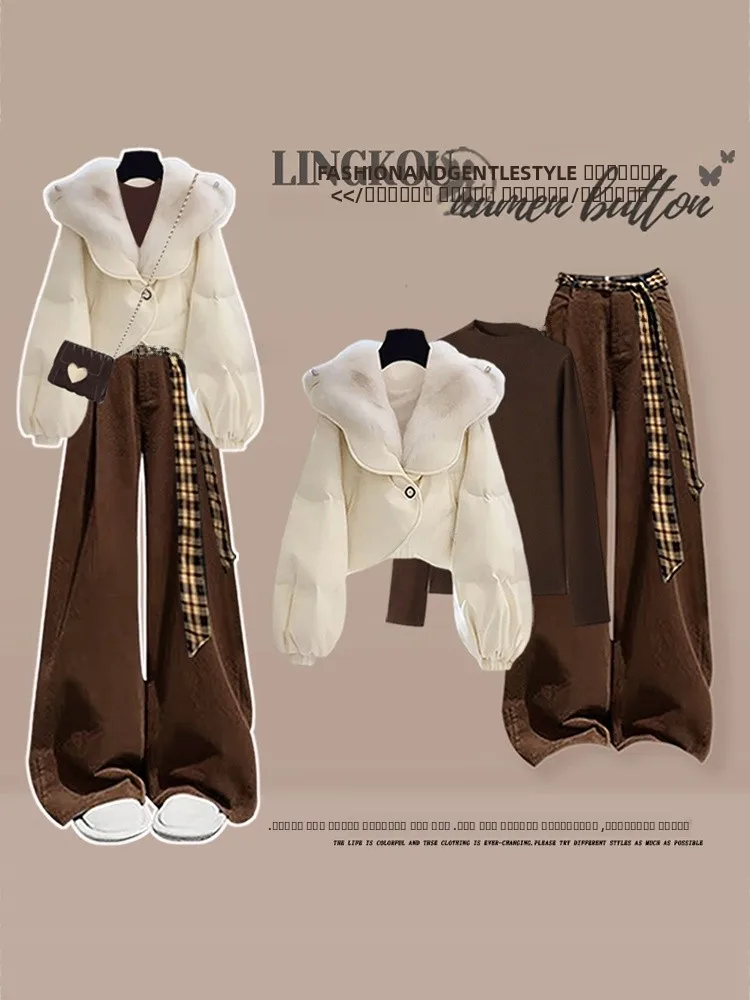 

Осенне-зимний повседневный костюм большого размера для женщин: мягкая хлопковая куртка с меховым воротником и свободные брюки-русалка...