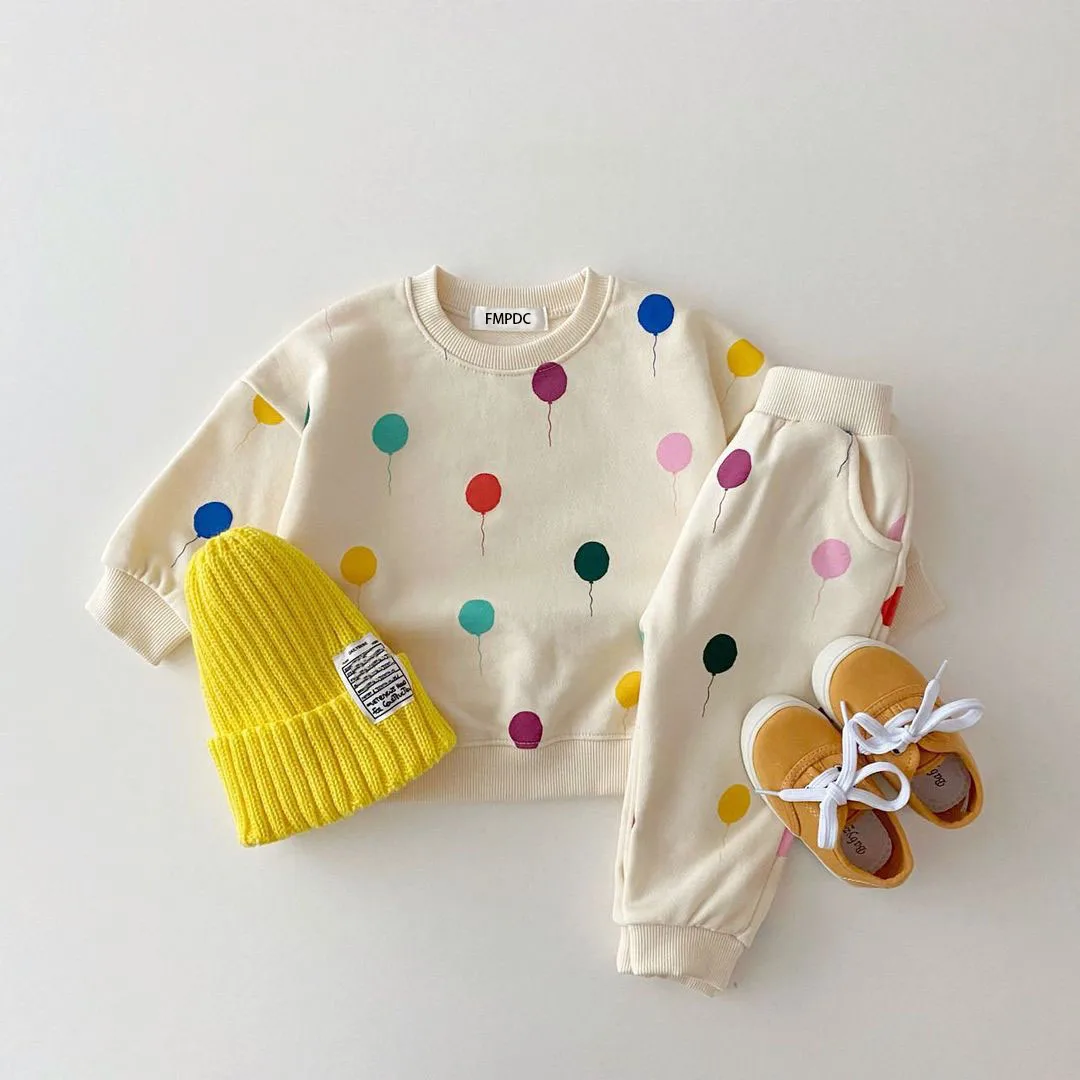 

Newborn Spring Autumn Clothing Baby Full Children Boys Balloon Print Kid Girls Long Sleeve Pants Two Piece Set