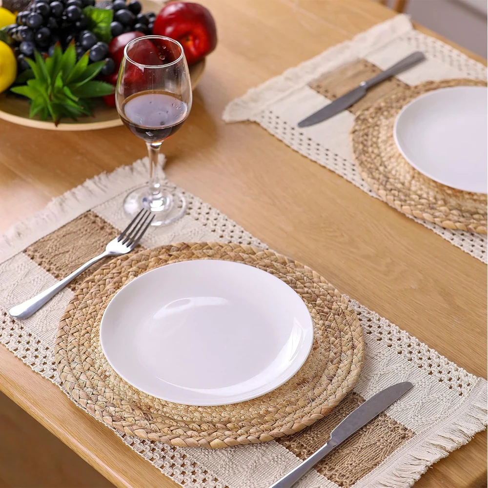 Handmade Boho Placemats Set Natural Cotton Burlap and Water Straw Woven Combination Table Mats, Macrame Décor Farmhouse Style