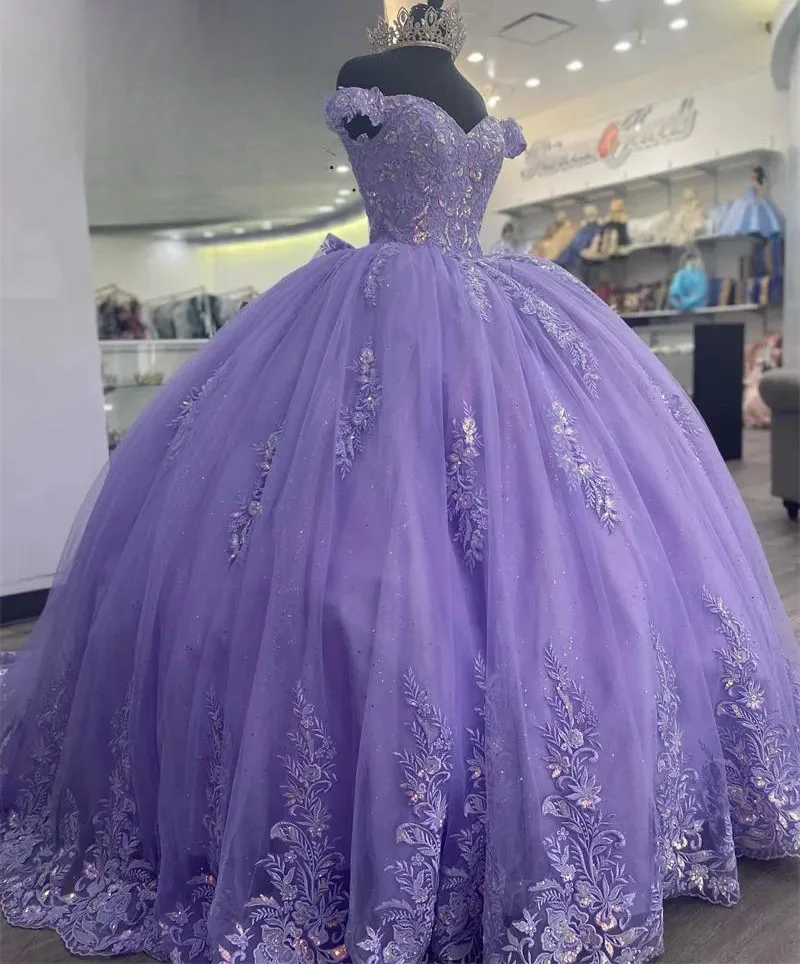 Abiti Quinceanera alla lavanda abito da ballo con spalle scoperte Appliques in Tulle dolce 16 abiti 15 asenos messicano