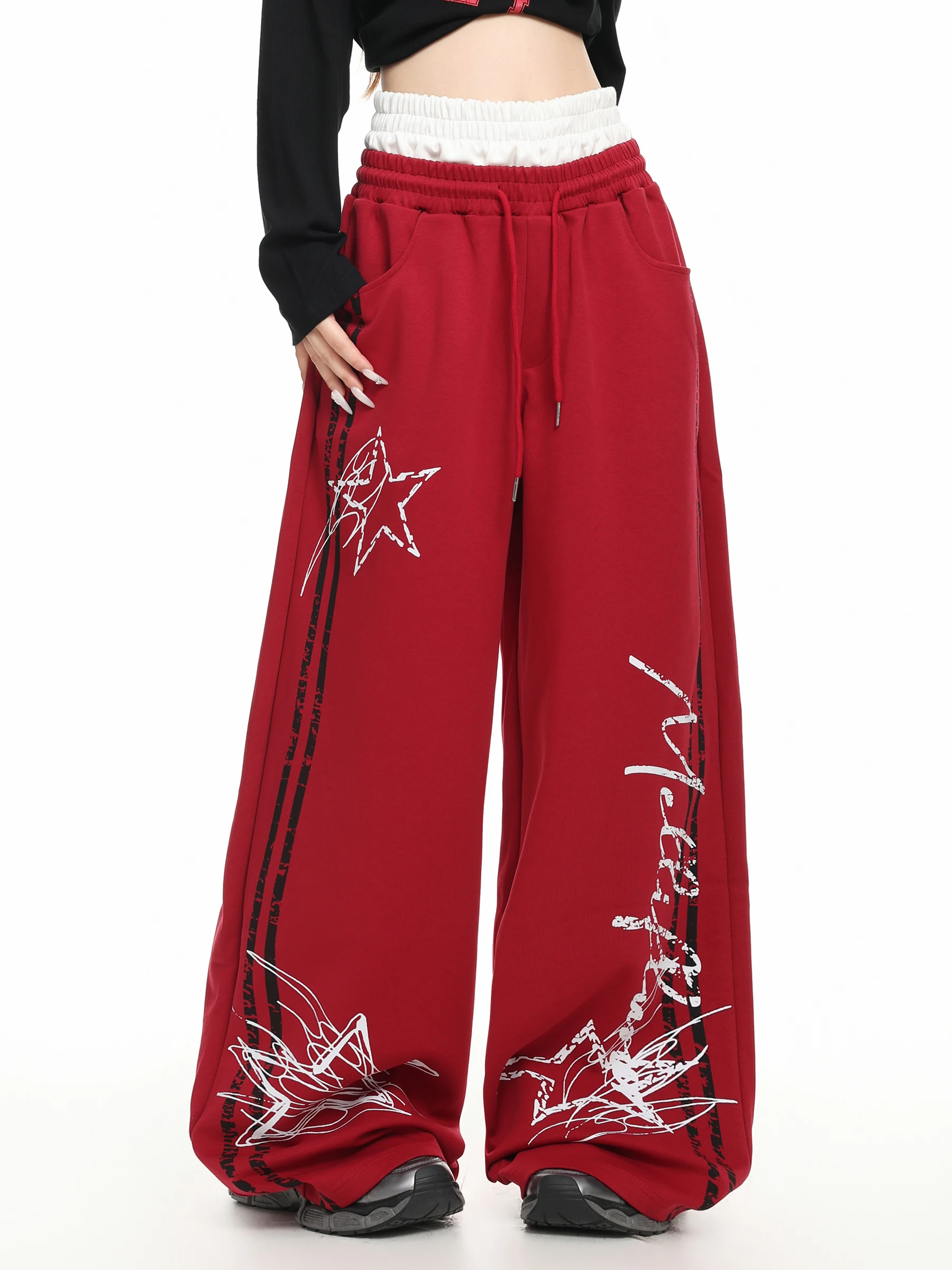 BASTERDS American Style Letter Print Sweatshirt Women's Autumn Color Block Double Waist Wide Leg Pants Casual Cotton Trousers