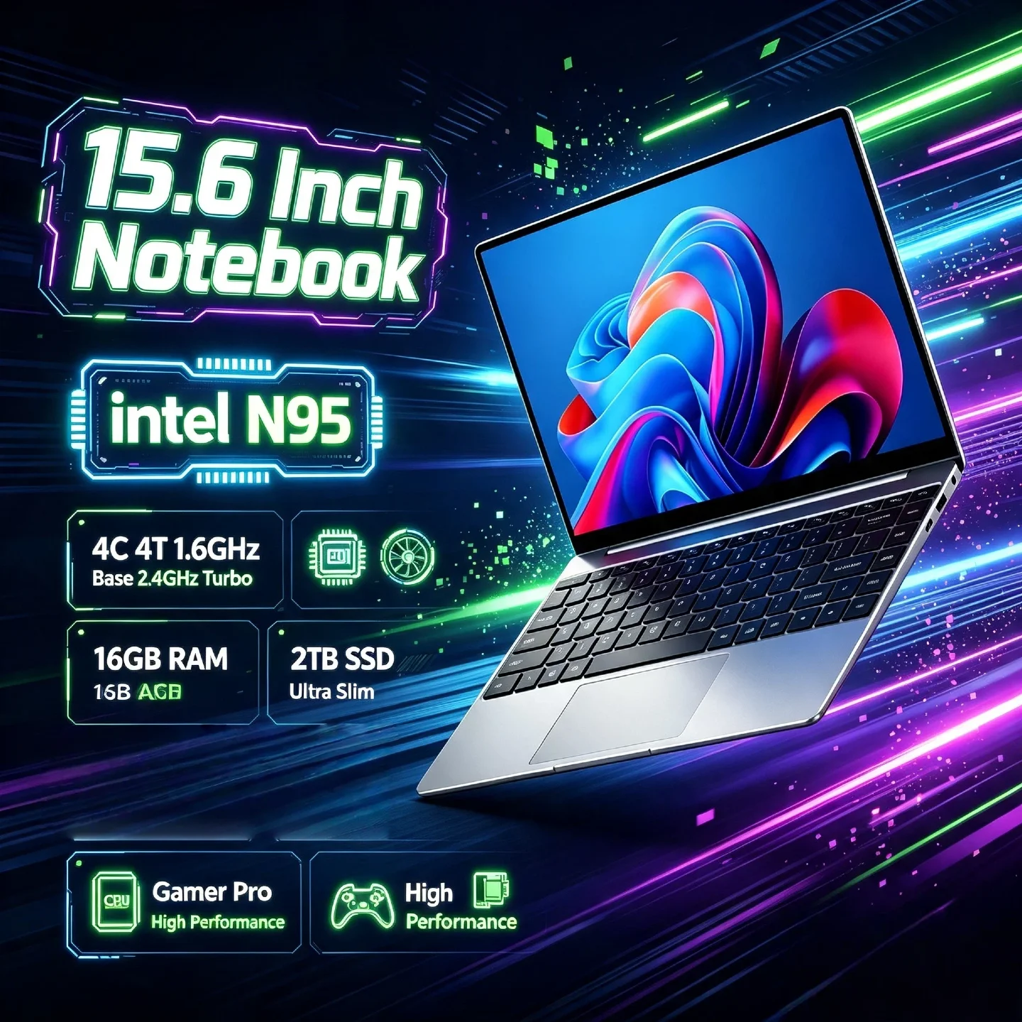 Intel N95 2026 15.6 Inch Portable Laptop 32GB DDR4 2TB SSD 7500mAh Office Gamer Notebook Backlit Fingerprint Pro Unit