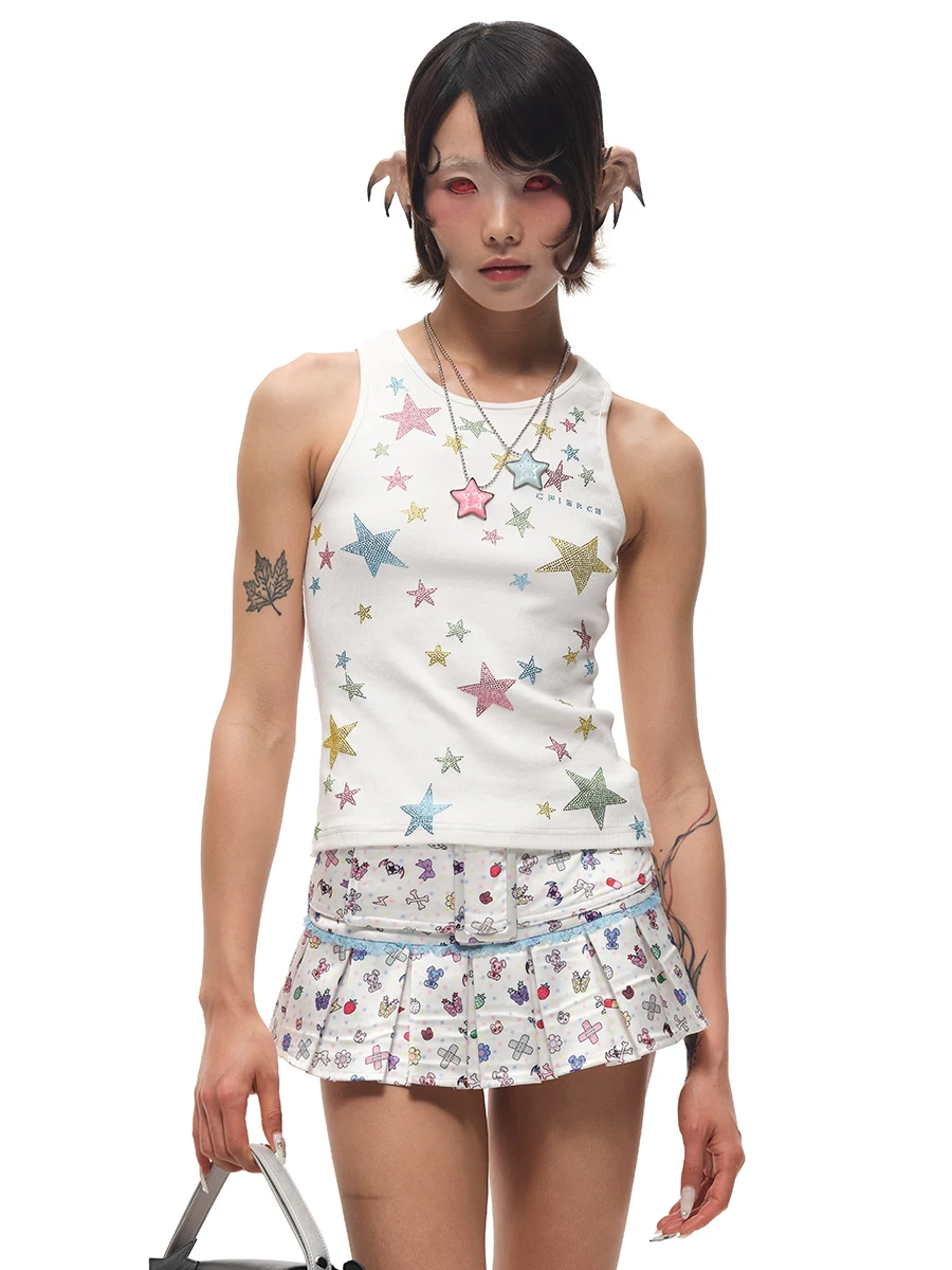 

CFIERCE Star Rhinestone Ribbed Vest Original Design Printed Cotton Blend Elastic Fiber ex Inner Wear Regular Length