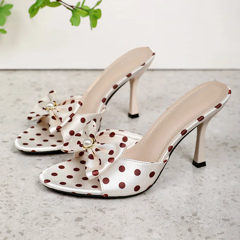 Summer Open Toe Women Shoes Polka Dot High Heels Slippers Bow-knot Slip on Sandals Fashion Slingback Zapatos Mujer
