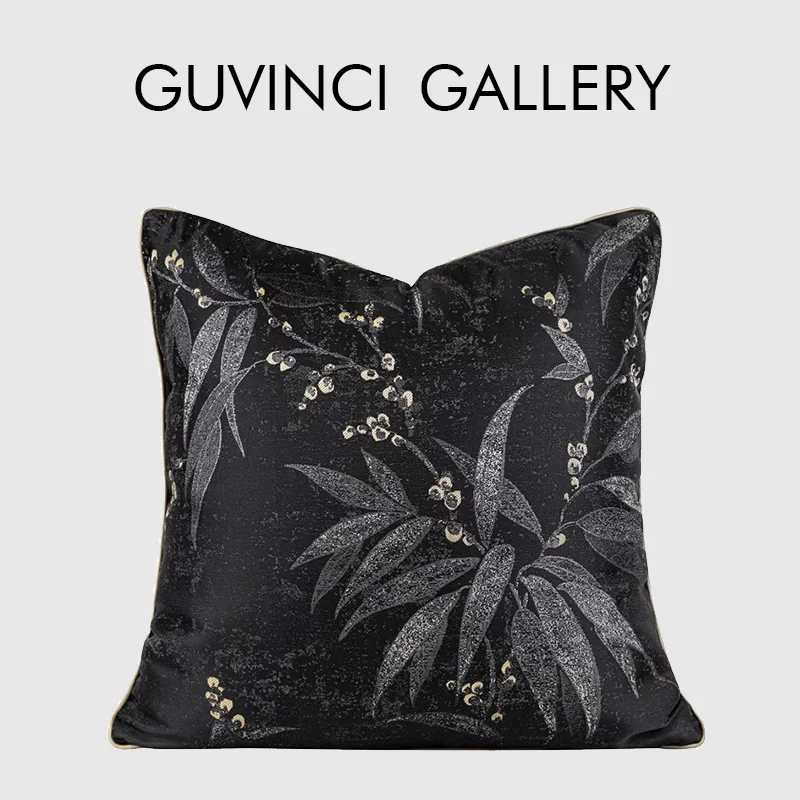 GUVINCI Black And Gold Floral High Precision Jacquard Throw Pillow Cover Oriental Art Cushion Case For Living Room Sofa Chair