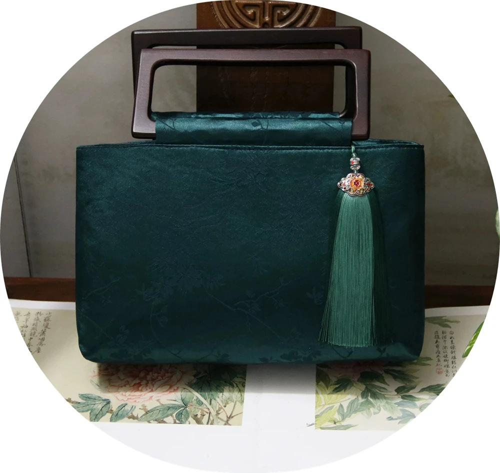 National Style Solid Wood Portable Chinese-style Cheongsam Hidden Pattern Jacquard Fabric Original Design Zen-like Handbag