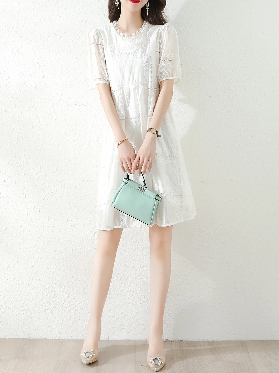 Blanco ahuecado encaje burbuja Sve A-Line Dr mujer verano Faion nueva llegada coreano Sle cintura suelta ort Sve