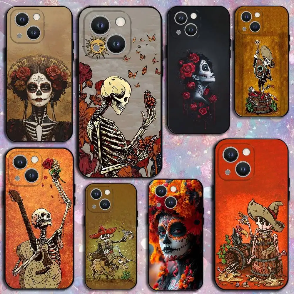 

Day of the Dead Mexican Catrina Skull Phone Case For iPhone 17,16,15,14,13,12Plus,Pro Max,XS,X,XR,SE,Soft Silicone Black Cover