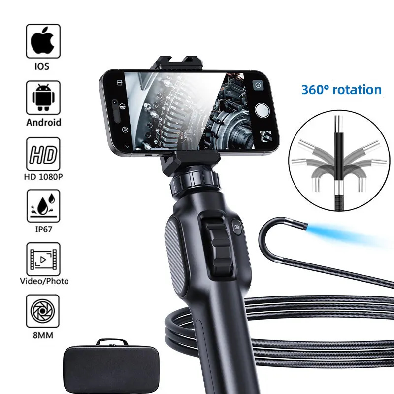 8mm Lens 360 Degree 2 Way Rotary Articulating Industrial Endoscope Camera Car Repair Inspection Borescope with 8 LED 4.3 