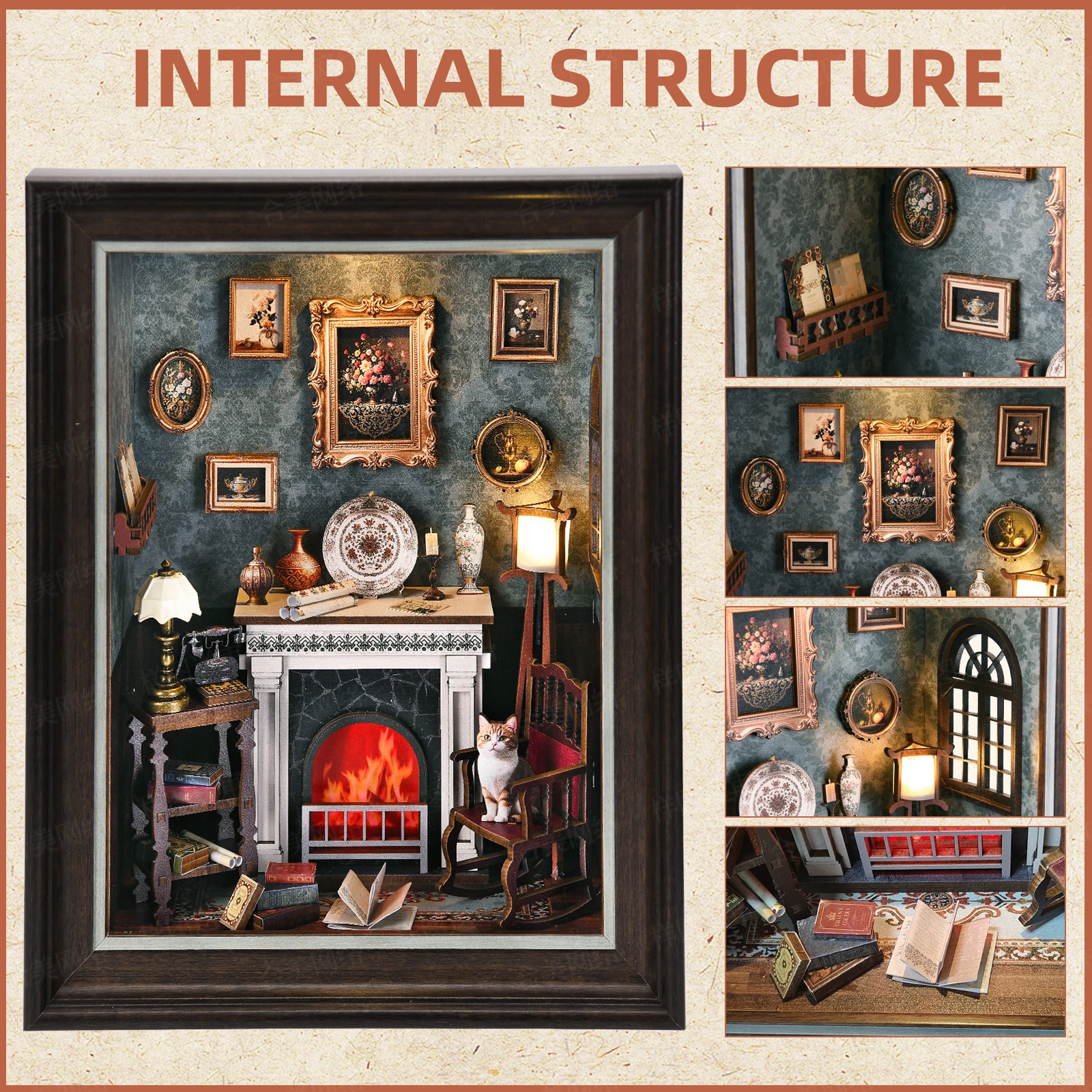 Bücherregal-Deko-Set Kamin DIY 3D Holzpuzzle Fotorahmen Ornament Bücherregal Puppenhaus Modell Buchstütze Bausatz Heimdekoration – Detail 5