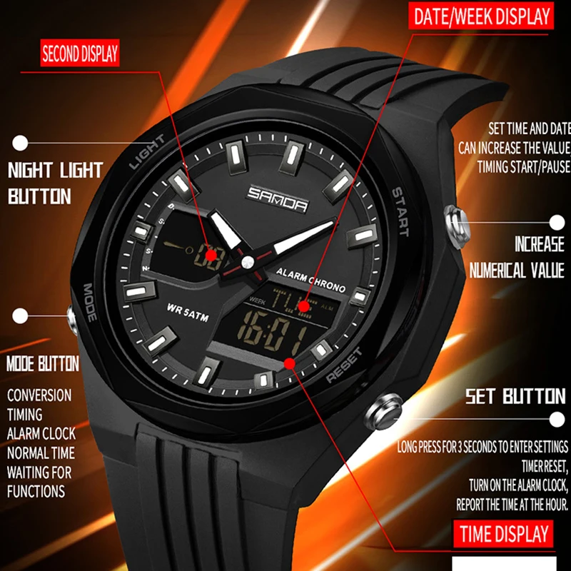 

Женские спортивные часы с двойным дисплеем, лучший бренд класса люкс, женские цифровые женские наручные часы для женщин, многофункциональные наручные часы