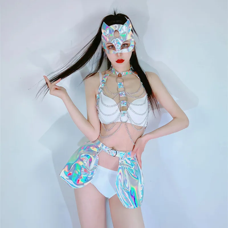 Silver Metallic Gothic Mini Skirt Sexy Women Dance Hologram Summer Punk Waist Belted Skirt High Waist Y2K Ball Gown Female Mujer