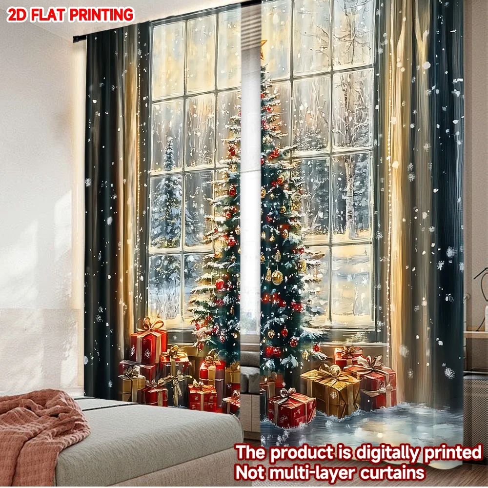 2D-Flachdruck, 2 Stück, klassische Weihnachtsvorhänge, Weihnachtsbaum mit Geschenken, digital bedruckte Polyester-Vorhänge, festliche Vorhänge