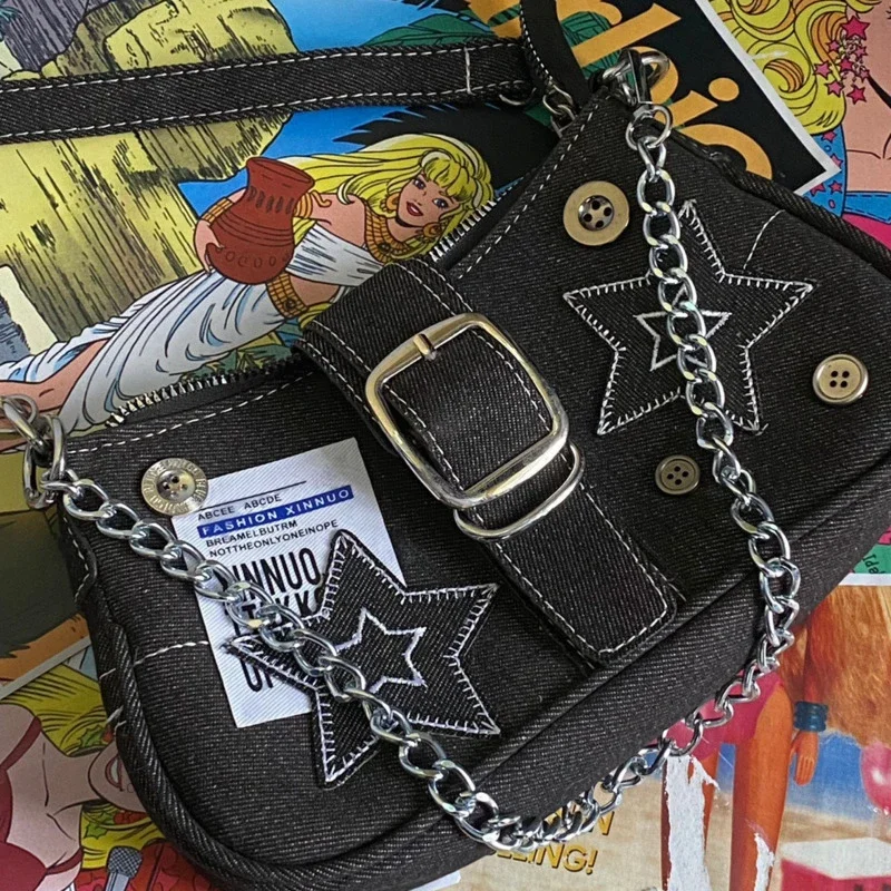 Y2k حقائب اليد النسائية الموضة نجوم نمط كول بنات تحت الإبط حقيبة قماش خمر الإناث حقائب كتف صغيرة سلسلة حمل المحافظ